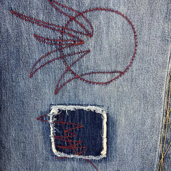 Vintage PEPE JEANS 34 Blue Patchwork Wide-Leg Embroidery Stitch